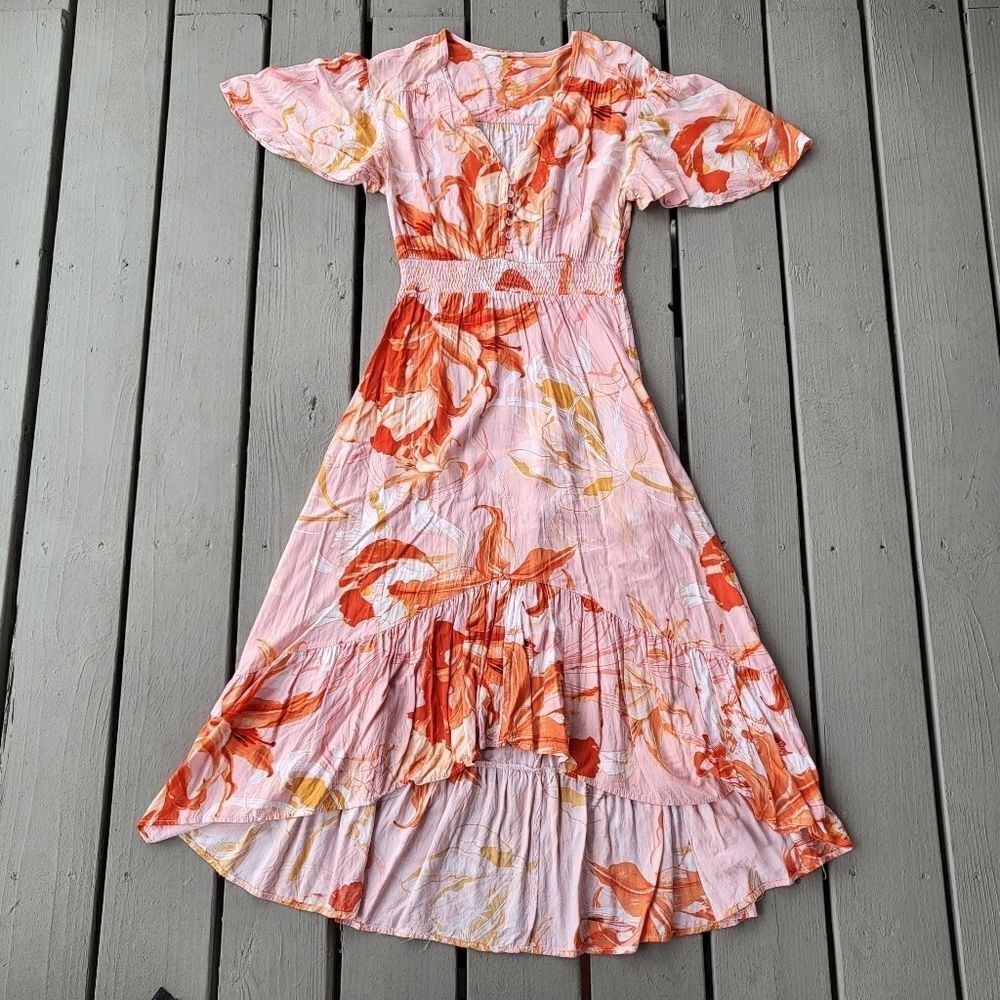Abel The Label Maxi Dress Floral Tropical Pattern‎ Hi-Lo Ruffled Hem Pink Medium